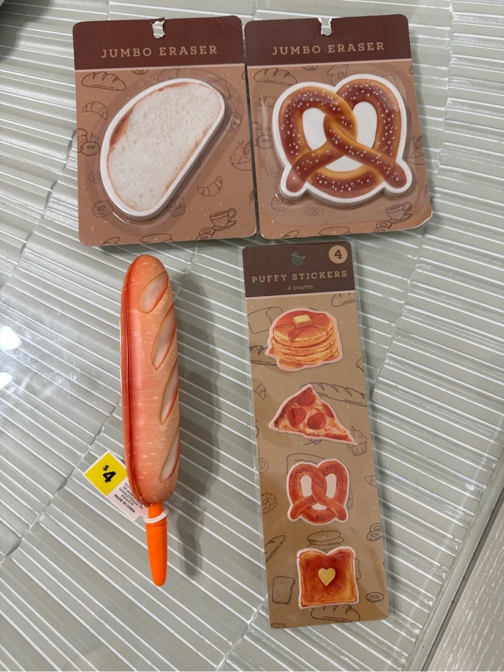 Bread & Pastry Jumbo Eraser, pen, notepad, Puffy Sticker Set - Brown
